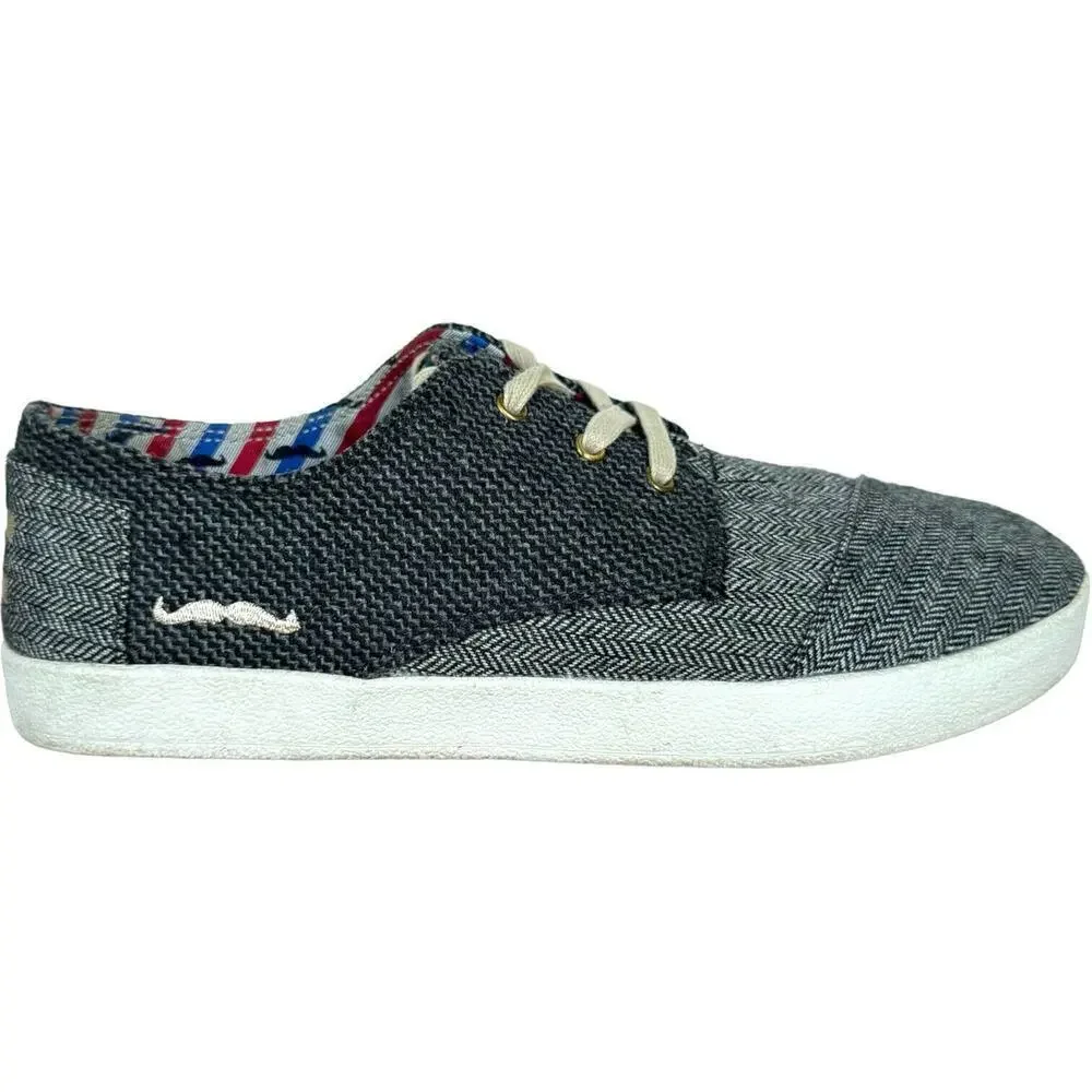 TOMS Mens Mustache Sneakers Gray Herringbone Lace Up Low Top Flat Heel Casual 8